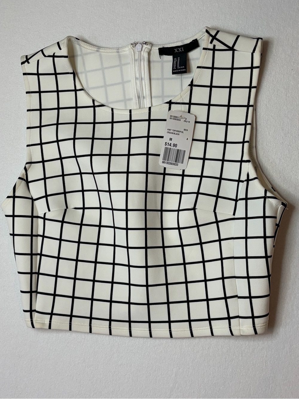 Forever 21‎ Crop Top with Black Grid-White(Cream)/Zipper/NWT